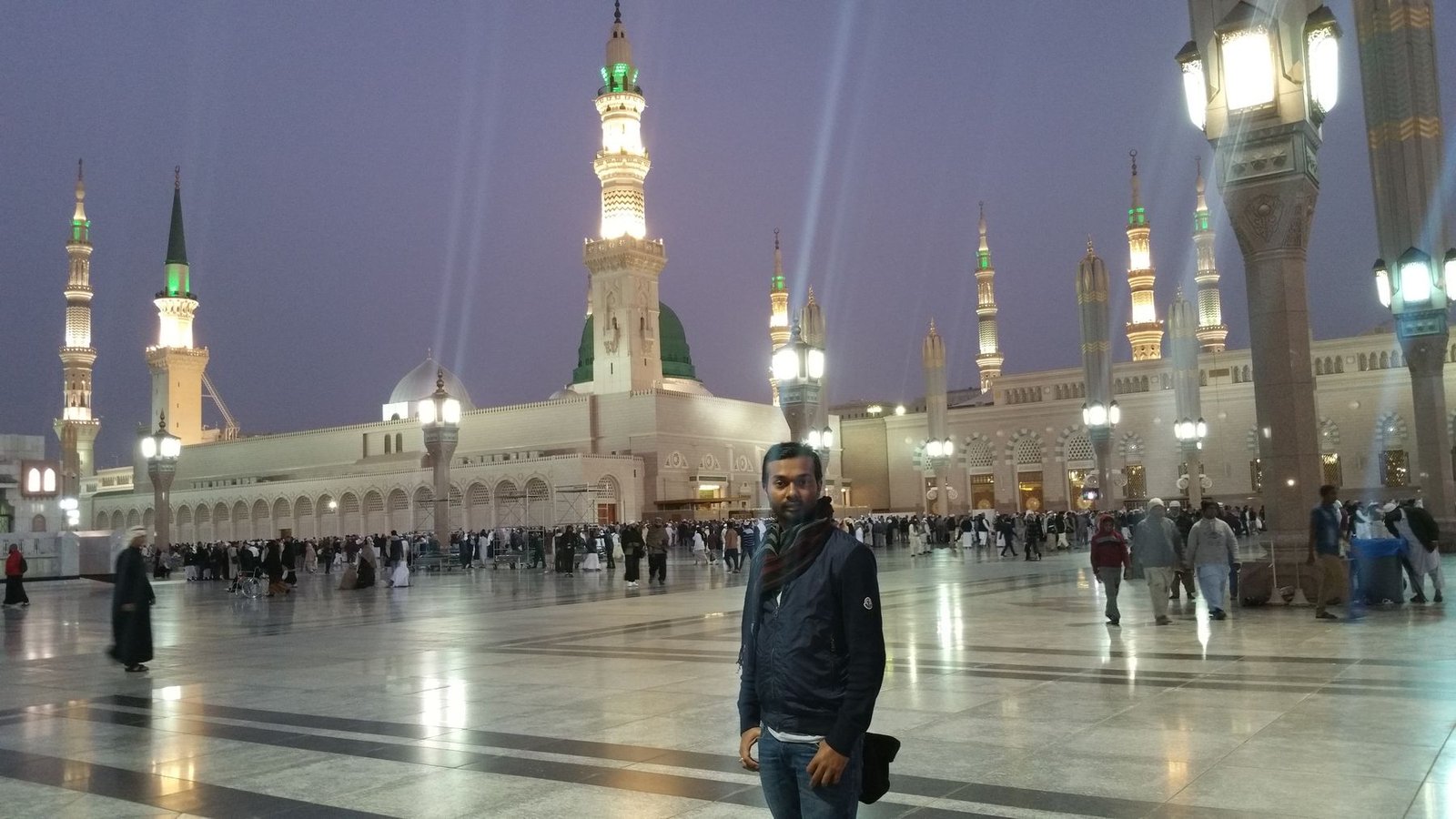 Illuminated mosque at night, Saudi Arabia
