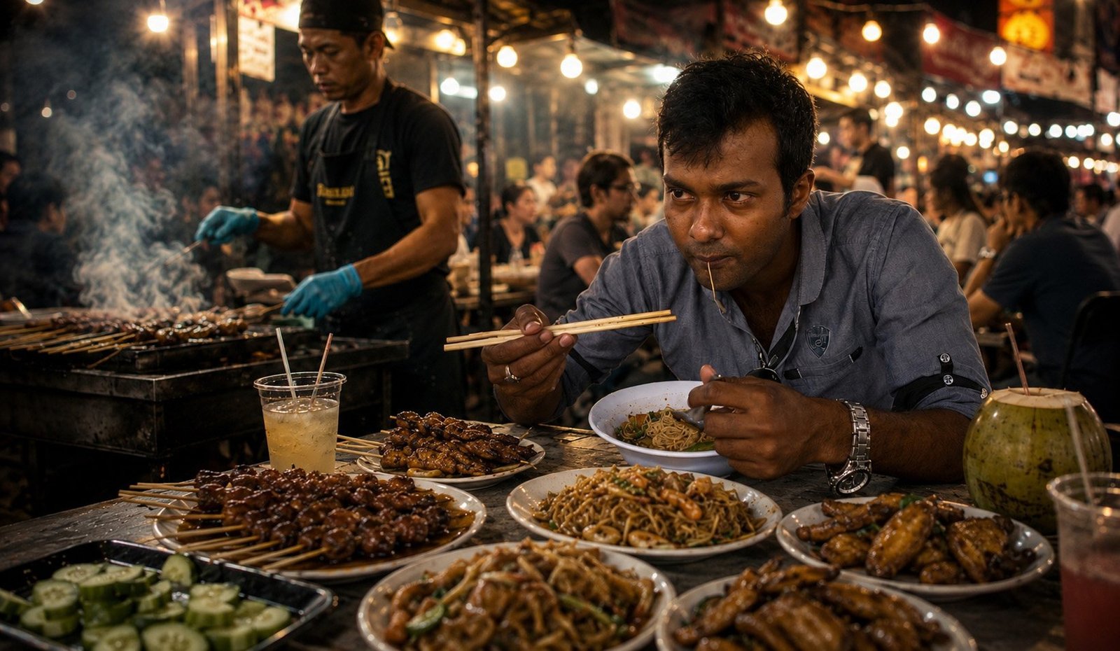 Eating satay and noodles at Jalan Alor night market
