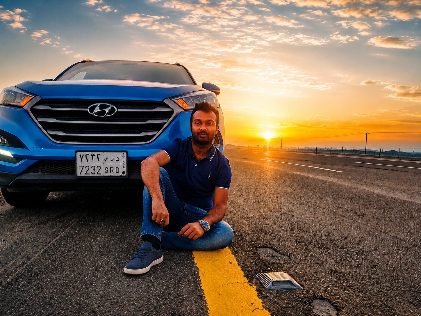 Rajib on a desert road at sunset